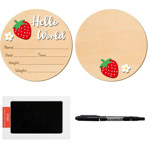R HORSE Baby Announcement Sign with Ink Pad and Marker Pen 3D Strawberry Hello World Wooden Keepsake for Newborn Handprints Footprints Christening Shower Gift Double-Sided Name Plaque Welcome Sign
