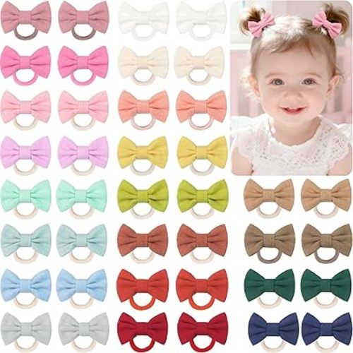 CÉLLOT 40Pcs Baby Hair Ties With Cotton and Linen Fabric Baby Bows for Baby Girls Infants Toddlers and Kids