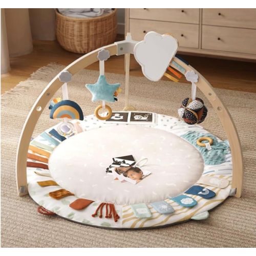 Blissful Diary Baby Play Gym & Activity Mat, 5 Developmental Zones Wooden Tummy Time Mat with 5 Detachable Sensory Toys for Motor Skills & Sensory Development, Baby Essentials Shower Gift