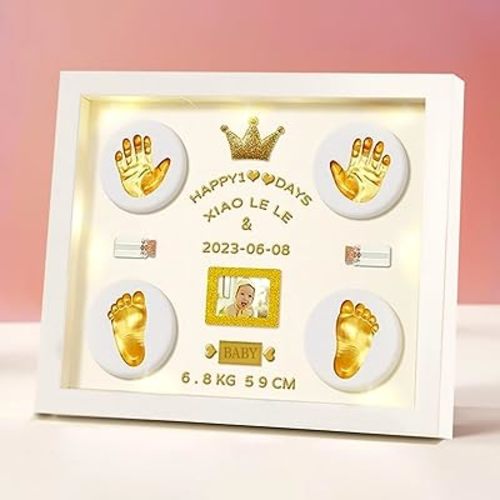 Baby Handprint and Footprint Ink Pad Frame - Personalized Keepsake Kit with Gold Lettering and Organic Glass Display Perfect for Newborns Modern White Design Ideal Baby Memory Gift Nursery Picture Frames