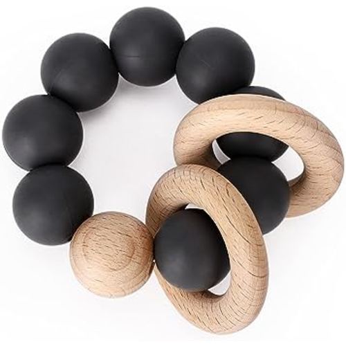 Socub Baby Teething Toy, Organic Baby Teething Ring, Silicone & Beech Baby Rattle Teether for Baby 3+ Months, BPA Free, Dark Grey