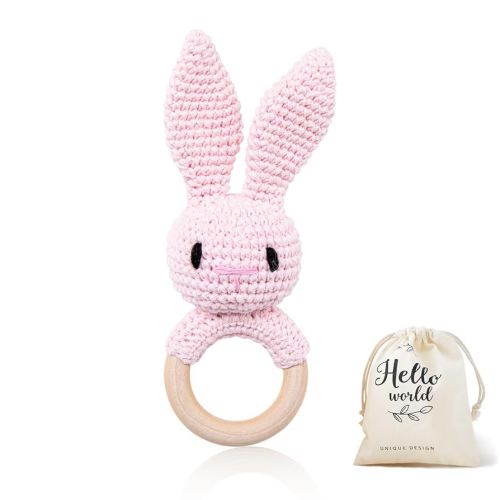 WOODEN TEETHER Crochet Baby Rattle, Crochet Baby Toys, Easter Bunny Rattle, Newborn Animal Rattle Toys,Knitted Stuffed Animals Gifts for Baby, Pink Bunny