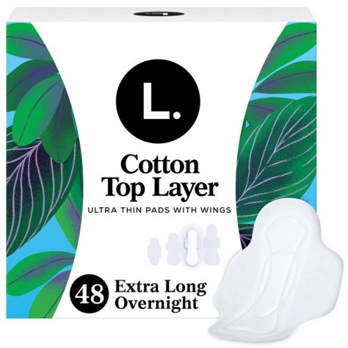 L. Organic Cotton Top Layer Ultra Thin Pads with Wings - Extra Long Overnight Absorbency - 48ct