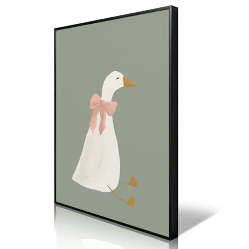 Silly Goose Canvas Wall Art, Cute Nursery Animal Aesthetic Poster, Goose with Pink Bow Print for Kids Room, Neutral Sage Green Farm Animal Painting for Baby Playroom Wall Decor 12x16in Unframed