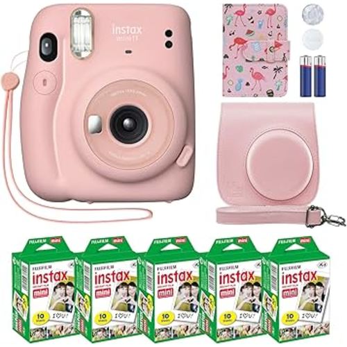 Fujifilm Instax Mini 11 Instant Camera Blush Pink + Custom Case + Fuji Instax Film Value Pack (50 Sheets) Flamingo Designer Photo Album for Photos