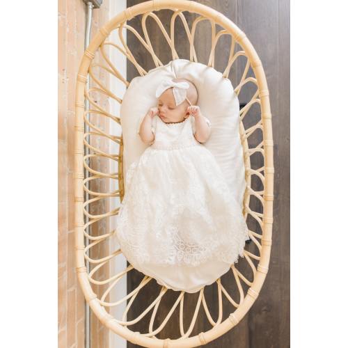 The Sloan White Lace Overlay Dress w/ Pink Sash , White Lace Overlay Christening Dress, White Baptism Dress