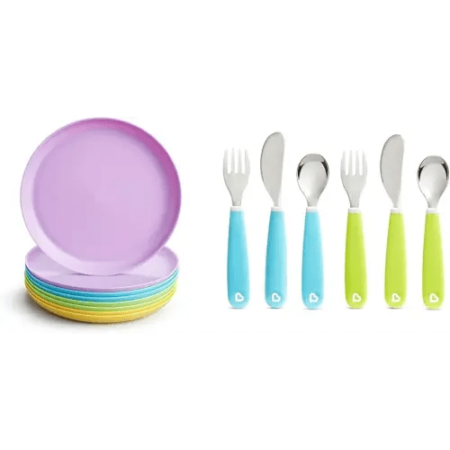 Munchkin® Multi™ Baby and Toddler Plates, 8 Pack & Splash™ Toddler Fork, Knife and Spoon Utensil Set, 6 Pack, Blue/Green
