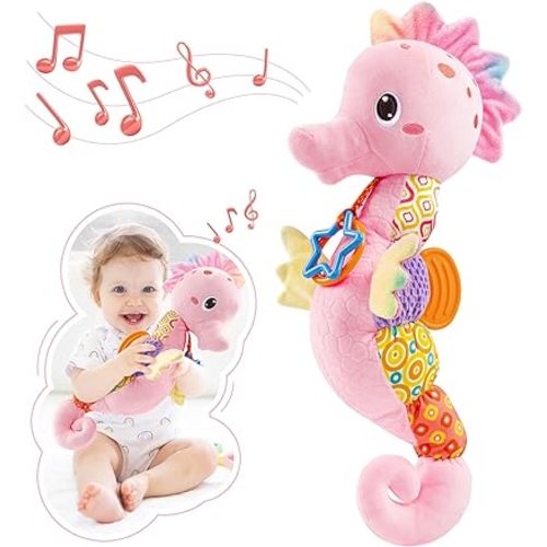 Baby Toys 0 to 12 Months, Musical Stuffed Animal Activity Soft Toys with Multi-Sensory Crinkle, Rattle and Textures,Infant Tummy Time Toys for Newborn Girls, Seahorse, Pink