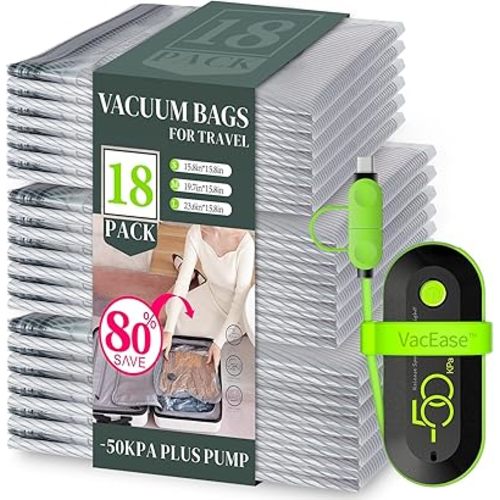 18 Pack Vacuum Bags for Travel with USB Pump, Compression Travel Vacuum Bags for Luggage and Suitcase, Carry-on Size Space Saver Bags for Clothes and Clothing