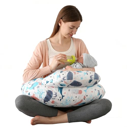Nursing Pillow for Breastfeeding,Ergonomic Baby Feeding Pillows with Removable Washable Cotton Slipcover, Adjustable Waist Strap,Plus Size,More Support for Mom and Baby(Underwater World) 新品