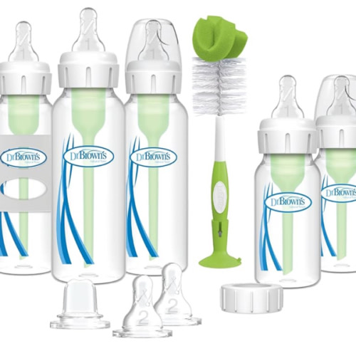 Dr. Brown's Natural Flow Anti-Colic Options + Narrow Bottle to Sippy Gift Set with Soft Silicone Sippy Spout, Removable Silicone Handles, Travel Cap and Bottle Brush