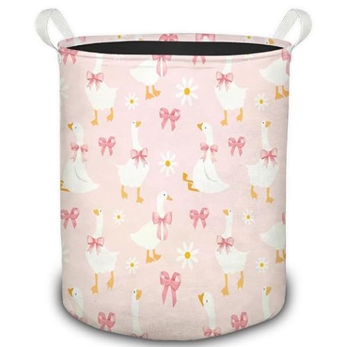 Coquette Pink Bow Goose Laundry Basket, Preppy Pink Goose Daisy Floral Foldable Laundry Hamper With Handles Clothes Toys Storage Basket for Girls Nursery Kids Bedroom Bathroom