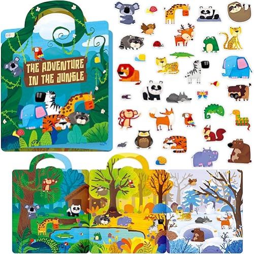 Reusable Sticker Book, 35 Wild Animal Static Stickers Waterproof Animals & Insects Decals Matching Game Activity Books Educational Learning Toys for Toddlers Girls Boys Preschooler