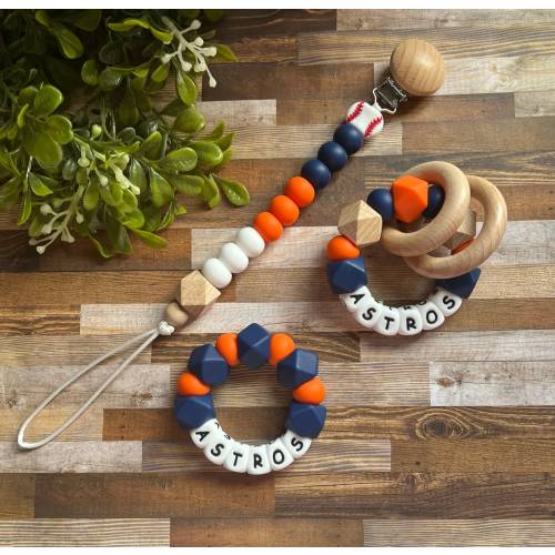 Houston Astros Collection - Baseball Pacifier Clip - Baby Dodgers Toy - Baseball Rattle Toy - Blue - White - Boy Baby Shower Gift - Pacifier
