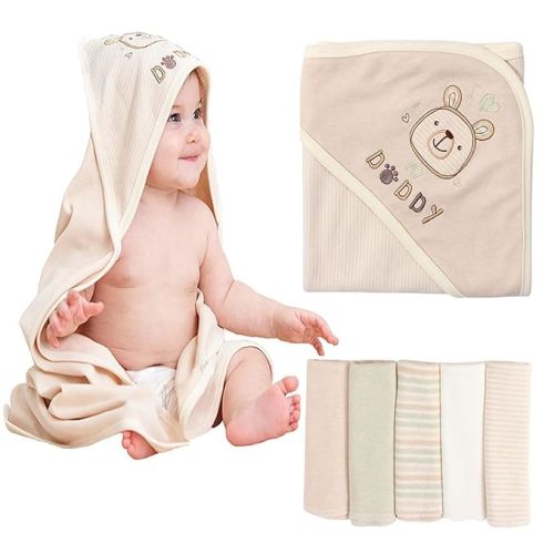 6-Pack Organic Cotton Baby Hooded Towel & Washcloths Set - Ultra Soft, Reusable, Baby Bath Towel for Newborns, Infants & Toddlers, Unisex Gifts, Brown 37.5 x 37.5 Inches