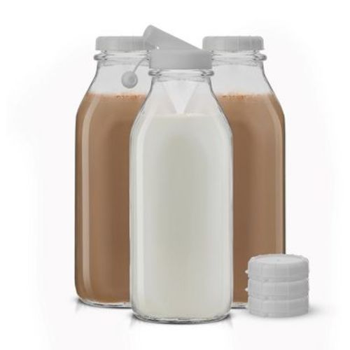 JoyJolt Reusable Glass Milk Bottle with Lid & Pourer - 32 oz Water or Juice Bottles with Caps - Set of 3