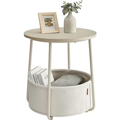 VASAGLE End Table, Small Bedside Table with Fabric Basket, Modern Nightstand, Round Side Table, for Living Room, Bedroom, Cream White ULET223K67