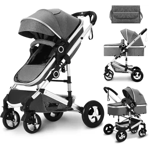 Kinder King 2 in 1 Convertible Baby Stroller, Folding High Landscape Infant Carriage, Newborn Reversible Bassinet Pram, Diaper Bag, Anti-Shock Toddler Pushchair Stroller, Dark Grey