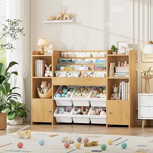 FINETONES Toy Storage Organizer with 6 Toy Bins, Toy Organizer Kids Bookshelf with 6 Cubbies, Toy Organizers and Storage Bins Playroom Storage for Kids Room, Natural