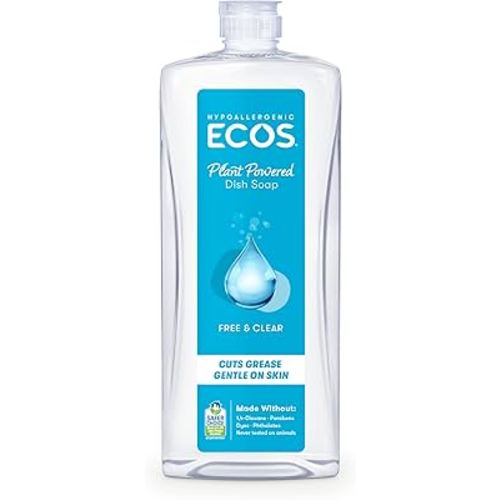 ECOS Dish Soap - Cuts Grease & Food Residue - No Harsh Chemicals - Hypoallergenic for Sensitive Skin - Recyclable - Sustainable Liquid Dishwashing Soap - Unscented, 25 Fl Oz