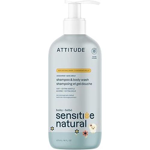 ATTITUDE 2-in-1 Shampoo and Body Wash for Baby, EWG Verified, Plant- and Mineral-Based Ingredients, Vegan and Cruelty-Free Products for Sensitive Skin, Unscented, 16 Fl Oz