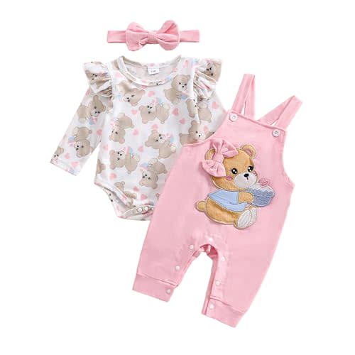 Newborn Infant Baby Girl Outfits Ruffle Bear Long Sleeve Romper Bodysuit Bib Suspender Pants Set Cute Clothes
