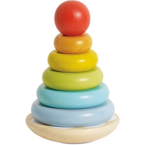 Le Toy Van – Wooden Rainbow Stacker | Girl & Boy 7 Piece Rainbow Wobbling Ring Stacker – Suitable for 18+ Months