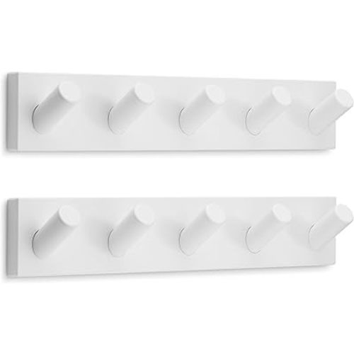 LARHN Wall Mounted Coat Rack, White with 5 Heavy-Duty 1" Diameter Hooks (2-Pack), 16.5" - Wall Hook Rack - Modern Scandinavian Home Decor