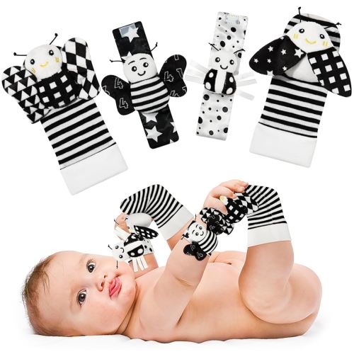 Baby Rattle Cotton Socks and Wrist Rattle Strap Set, Infant Toys 3 6 9 12 Months, Baby Gifts for Boys and Girls, Develop Babies Sensory Toys, Black and White