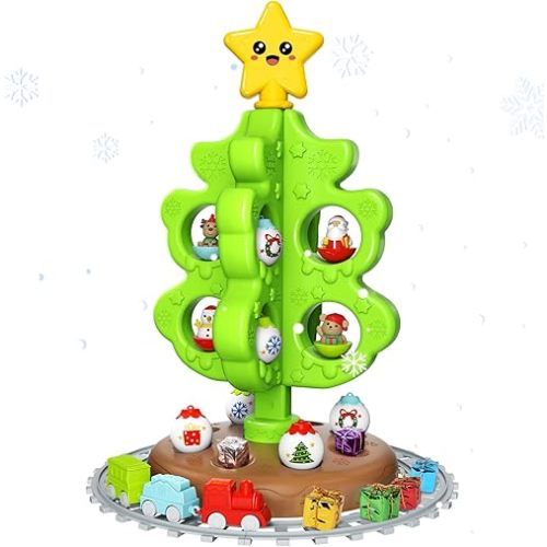My First Christmas Tree for Kids, Toddler Christmas Tree Toy Set with Hanging Decorations Ornaments, Xmas Tree Skirt with Snowman/Santa/Moose/Gifts Toys, DIY Train Set with Tracks for Boys Girls