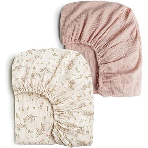 Konssy Muslin Crib Sheets 2 PCS, 100% Cotton Crib Sheet for Standard Crib Mattress(28"x 52"), Fitted and Soft Breathable Crib Mattress Sheet for Girls and Boys (Floral, Pink)