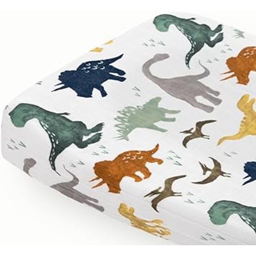 Little Unicorn – Dino Friends Changing Pad Cover | 100% Cotton Muslin | Super Soft | Baby Diaper Changing | Machine Washable | 16” x 32”