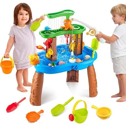 Water Table for Toddlers 3-5 Outdoor Toys for Kids Ages 4-8 3-Tier Kids Sand Water Tables with Fishing Game Set Activity Sensory Table Summer Gift Beach Outside Toys for Toddler Boys