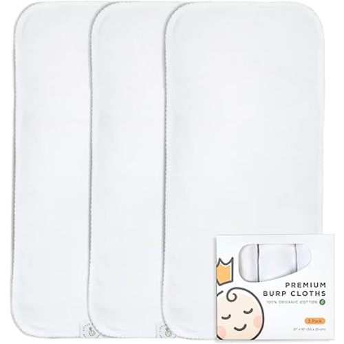 Little Crown Burp Cloths 100% Organic Cotton – 3 Pack Large 21''x10'' – Ultra-Soft and Absorbent – Double Layered Neutral Baby Washcloths – Boy and Girl Newborn Essentials (White)