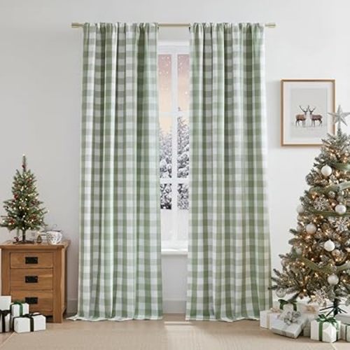 84 Inch Sage Green Buffalo Plaid Full Blackout Curtains,Farmhouse Living Room Bedroom Panels,Darkening Thermal Insulated Double-Layer Drapes,Rod Pocket Back Tabs,40" Wx84 Lx2