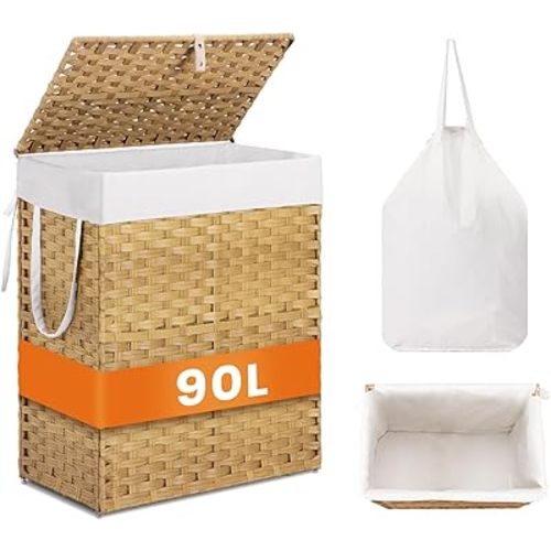 Sweetcrispy Foldable Laundry Hamper–Large Capacity Clothes Basket with Lid, 23.8 Gallon (90L) Bin for Bedroom, Bathroom, and Wash Room–Double Insert Storage Organizer, Goose Yellow