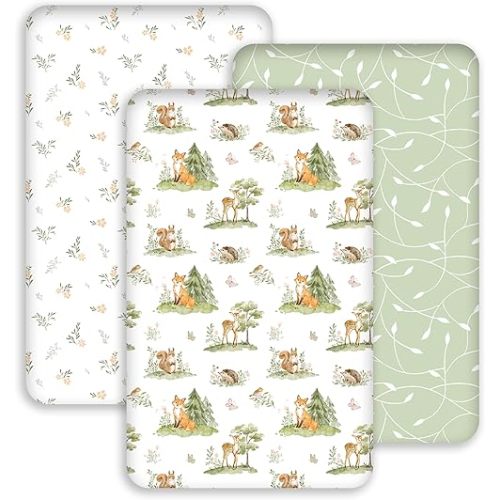Civarua Kids Baby Bassinet Sheets 33x20 for Newton,Airclub,Maxi Cosi,Angelbliss,Dream on Me,Mika,Harppa,Amke,ezebaby Rectangle Bassinet Mattress - Green Animalsl 3 Pack Girl & Boy