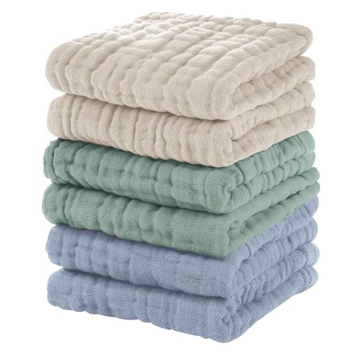Muslin Baby Washcloths 6 Pack, 100% Cotton Wash Cloths for Babies, Large 12''X12'' Burp Cloths Absorbent and Soft for Newborn Infants Kids Boys Girls - Apricot Green Sapphire Blue