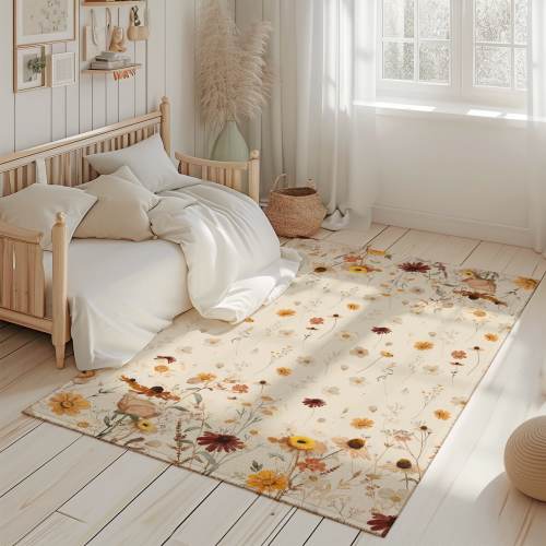 Rectangle Wildflowers Personalized Area Rug, Baby room rug, beige area rug wildflowers theme baby Nursery rug, baby carpet