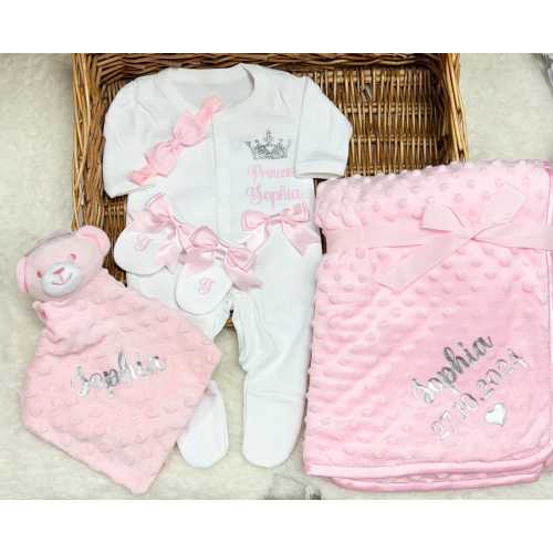 Newborn baby girl homecoming set, sleepsuit/babygrow, mitts, hat, Personalised gift pink bows add a blanket or gift bag