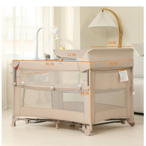 5 in 1 Pack and Play, Baby Bassinet Bedside Sleeper, Baby Playard, Bedside Crib with Changing Table, Foldable Travel Playard for Newborn to Toddles (Beige)