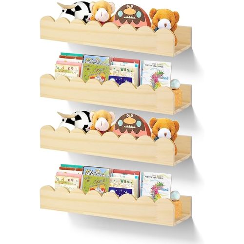 4 Pack Wooden Scalloped Floating Shelves for Rooms Wall Shelves 15 Inches, Book Shelf for Kids Rooms Nursery Decor Wall Bookshelf Magazine Rack Picture Ledge for Bedroom Toddler Baby Room (4 Pack)