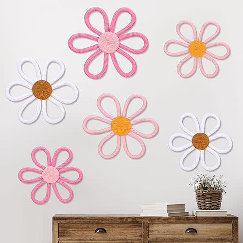 Barydat 6 Pcs Boho Nursery Decor Daisy Flower Woven Macrame Wall Hanging 3 Size Daisy Flower Wall Decor Bohemian Nursery Decorations for Home Kids Dorm Art(Cute Color)
