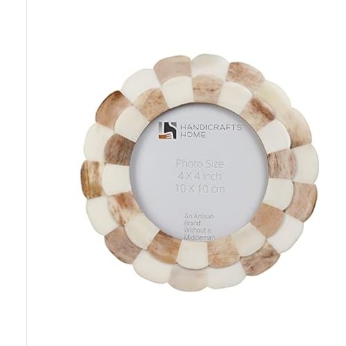 Handicrafts Home Photo Picture Frame - 4" x 4", Round Handmade Gift Photo Frames - Brown & White