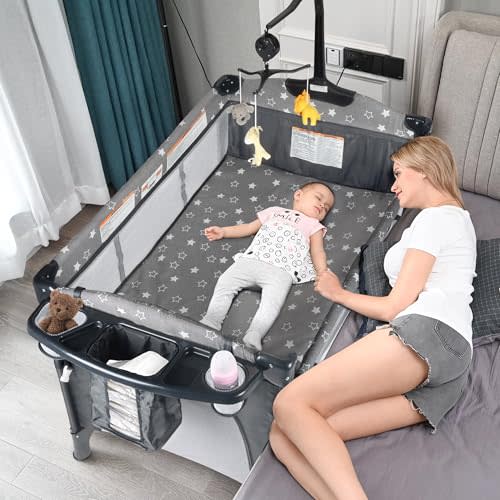 Bedside Bassinet for Baby, Baby Crib with Mosquito Net, Mattress, Diaper Changer, Baby Playpen for Newborn to Toddles, Portable Crib for Baby, Pack and Play with Bassinet, 5 in 1 Bedside Crib, Grey