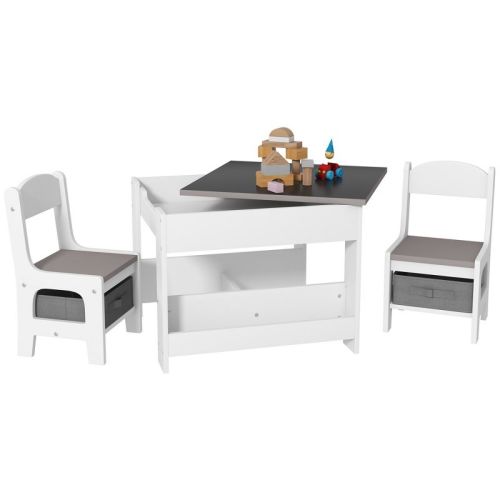 Qaba 3pcs Kids Table And Chair Set, 3 In 1 Toddler Table And Chair Set With Reversible Tabletop Blackboard, Storage & Bookshelves, Natural