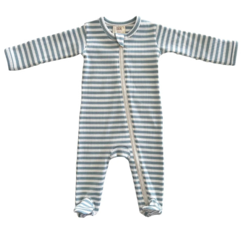 Organic Ribbed Zip Footie - Dusty Blue Stripe