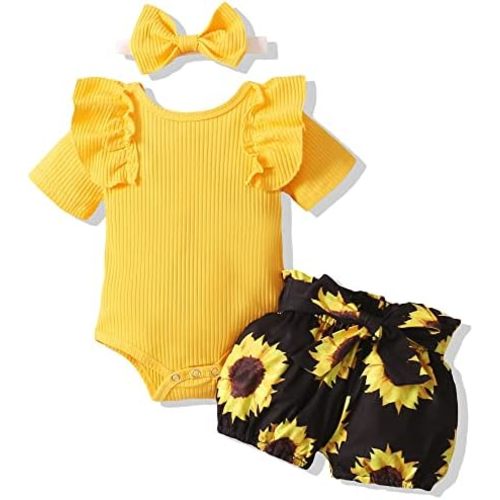 AMAWMW Newborn Baby Girl Summer Clothes Ruffle Ribbed Romper Vintage Floral Bloomers Shorts Outfit Infant Gift Set