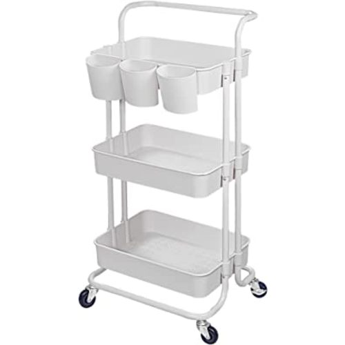 3-Tier Multifunction Rolling Cart Utility Storage Shelves Cart with Hanging Cup Lockable Wheels and Handle for Office Living Room Kitchen Bathroom (White)