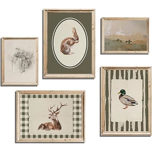 Vintage Nursery Wall Art Children Room Canvas Wall Decor Green Rabbit Duck Deer Posters Prints Farmhouse Animal Scenery Painting Pictures Neutral Artwork for Playroom Bedroom 12x16x5 Inch Unframed